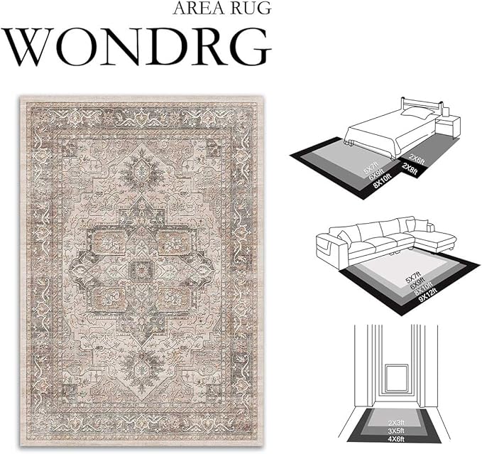 6x9 Washable Vintage Area Rug Brown Oriental Living Room Bedroom Throw Rug Neutral Non Slip Soft Low Pile Carpet for Dining Room Office Nursery Indoor