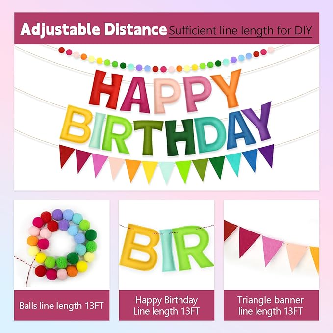 Pre-Strung Happy Birthday Banner - Rainbow Birthday Decorations, 3PCS Felt Birthday Day Sign,Ball Garland,Triangle Bunting,Reusable Colorful Banner for Party Decor Girls Boys Kids Women Men