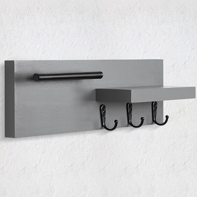 Lucundm Key Holder for Wall, Decorative Entryway Shelf with Hooks Holds Keys, Dog Leash, Sunglasses – Key Hanger with 3 Hooks Organizes, Enhances Home Decor (15” x 4.5” x 2.6”) (Grey)