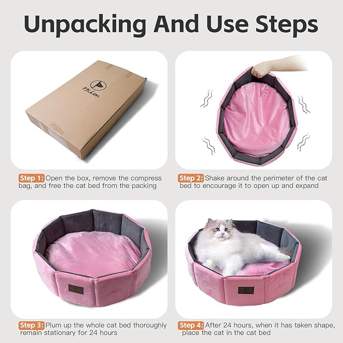 PJYuCien Cat Bed Kitten Bed, Washable Round Cat Beds for Indoor Cats, Super Soft Faux Rabbit Fur Small Bed for Puppy and Kitten, Fluffy Inner Mat Filling Memory Foam with Anti-Slip Bottom (Pink)