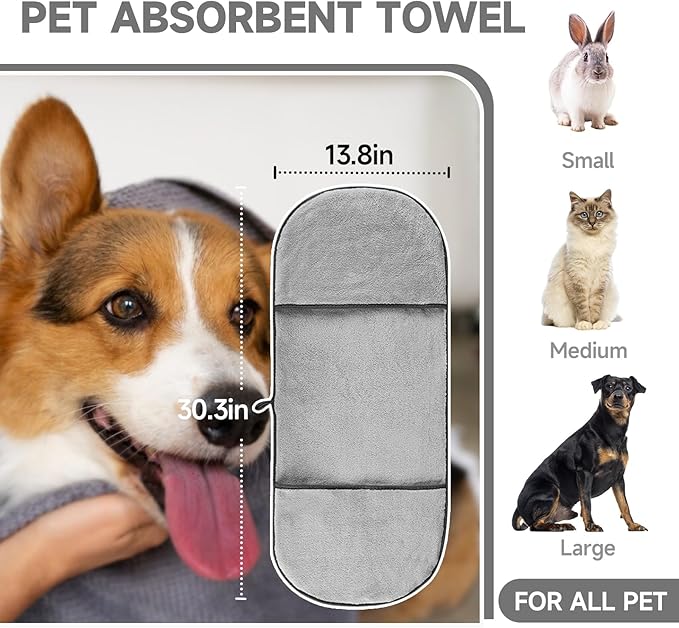 KUEIOX Dog Towels for Drying Dogs Small Medium Large, 2 Pack Dog Cat Drying Bath Towel 30.3"x13.8" with Hand Pocket,Absorbent Pet Towel for Dog Cat Grey