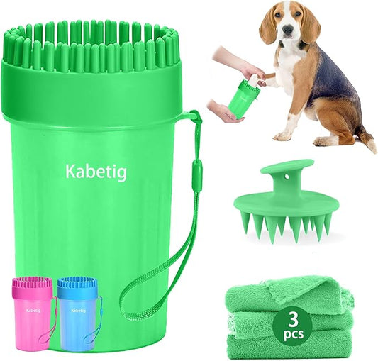 Kabetig Dog Paw Cleaner for Meduim/Small Breed Dogs with 3Pcs Absorbent Towels & Graspable Dog Bath Brush (Green, Medium)