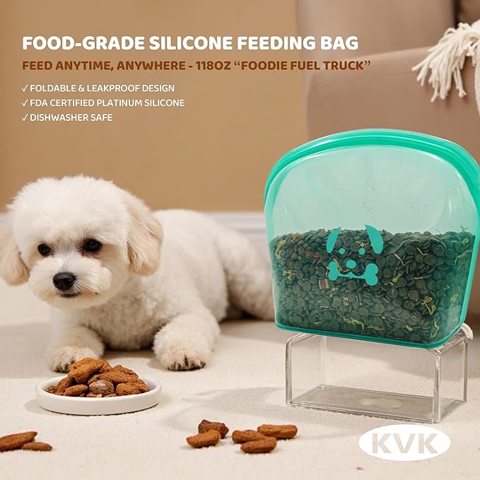 Extra Extra Large Silicone Dog Food Mat 39.4×43.3in and 128oz Silicone Bag Set, Super Size Waterproof Pet Feeding Mat & Container, Non-Slip, Chew-Resistant Floor Protection (Cool Grey&Teal)
