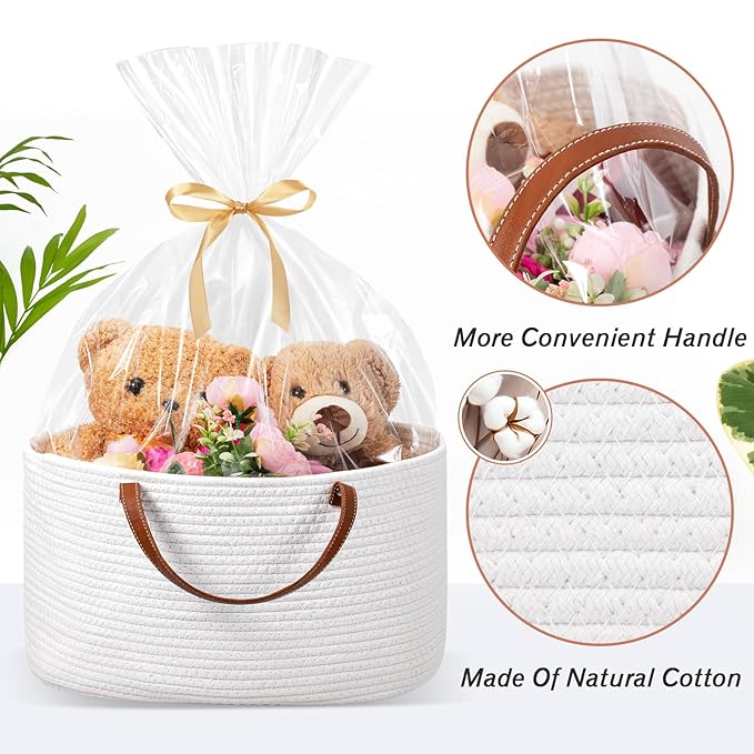Colingmill Valentine's Day Empty Woven Gift Basket with PU Leather Handle and Bag 12" x 8" x 5"Cotton Rope Basket Organizer for Pet Toy Storage Baby Shower Birthday Party Wrapping Gift(16.5*10*9 Inch)