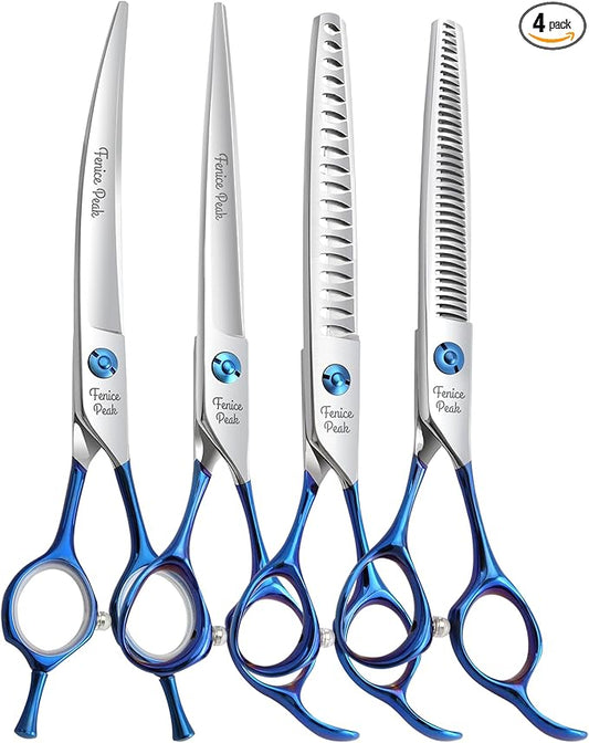 Fenice Peak 4PCS Dog Grooming Scissors Set Ergonomically Designed Blue Handles Ideal Dog Shears for Precise Trimming Easy Use with Comb.