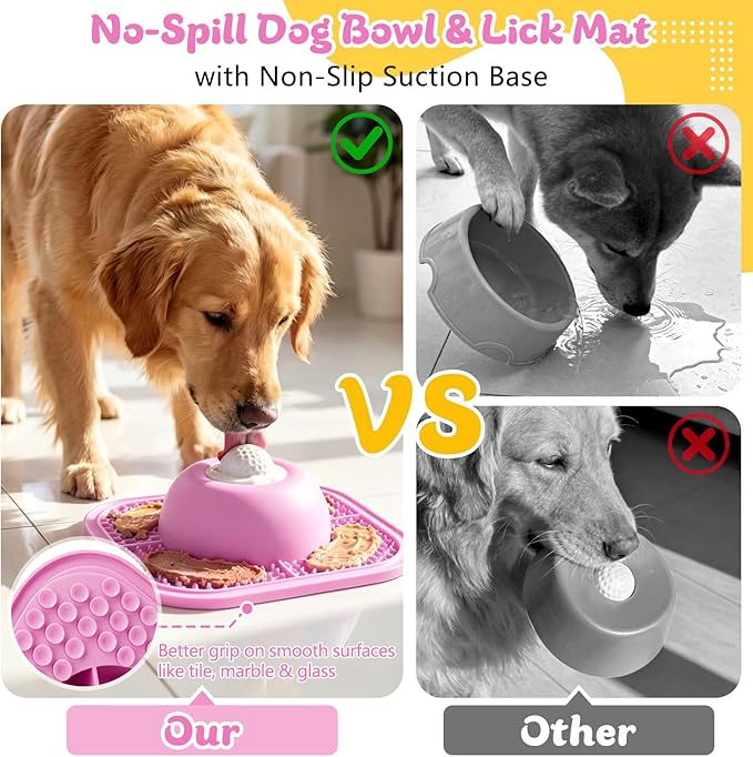 Slow Feeder Dog Bowls & Lick Mat for Liquid and Thick Treat, Anti-Slip Dog Lick Bowl with Interactive Rolling Ball, 5/6 Cup Pup Licking Toy for Large Medium Small Dogs and Cats Pink
