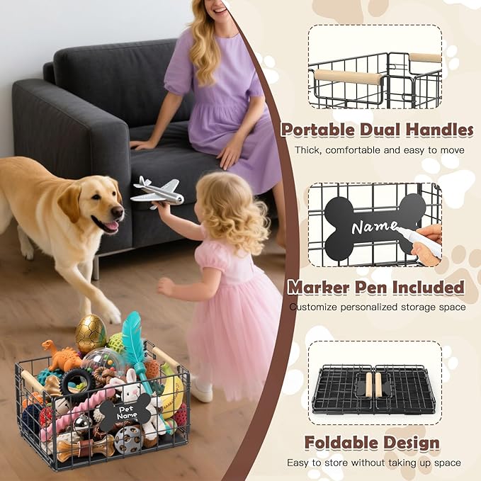 Dog Toy Basket, Chew-Proof Metal Dog Toy Bin with Handles, Pet Stuff Storage Organizer Box for Dogs with Marker Pen, Portable & Foldable Puppy Toys Basket for Living Room, 15''×10.63''×8.27''