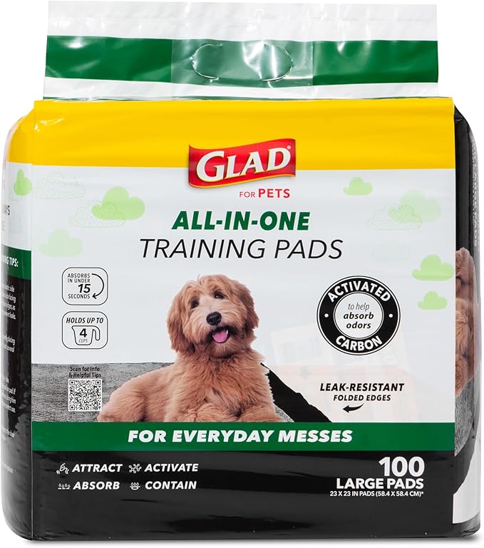 Glad for Pets Black Charcoal Puppy Pads, 6-Layer Leak-Proof Design with Activated Carbon Odor Control and Pheromone Attractant, Disposable Dog Pee Pads for Potty Training, 23 x 23 in, 100 Count - 2 Pk