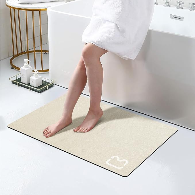 Beige Bathroom Mat Rugs 17" x 32" Super Absorbent Quick Drying Diatomaceous Earth Bath Mats for Bathroom Non Slip Rubber Backed Thin Bathroom Rugs Floor Mat, Machine Washable
