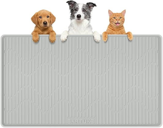 Silicone Cat & Dog Food Mat, 28" x 22" Large Pet Feeding Mat for Cats and Dogs Bowl, Pet Placemat for Food and Water with Raised Edge, Waterproof, Leakproof (Grey)