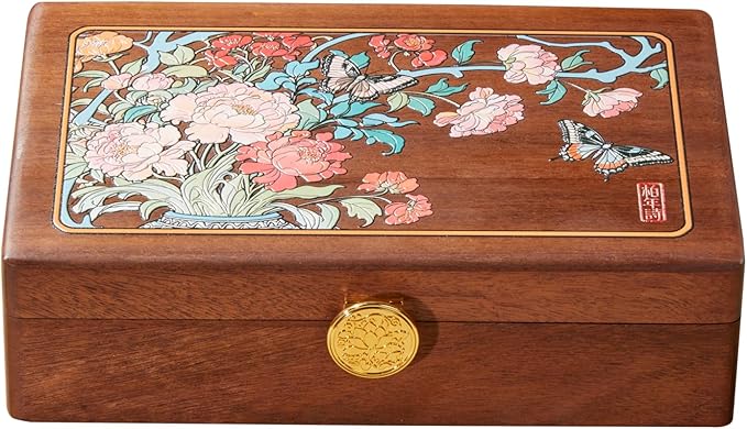 Travel Jewelry Case Small Wood Jewelry Organizer Jewelry Box for Women (Nut-Brown Print E)