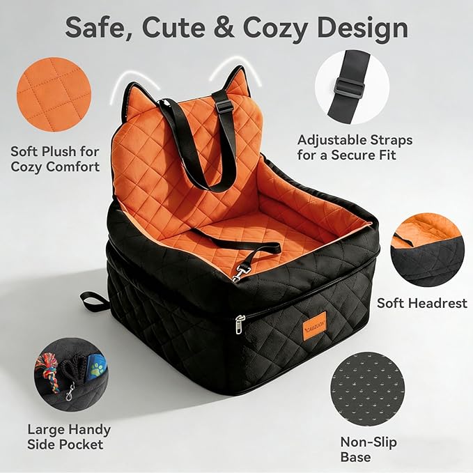 CABZOON Dog Car Seat for Small/Medium Dogs Up to 35lbs,Elevated Cushion Fits in Front/Back Seat,Travel Safety Per Car Bed with Washable Removable Cover, Storage 2 Pockets Black-Orange