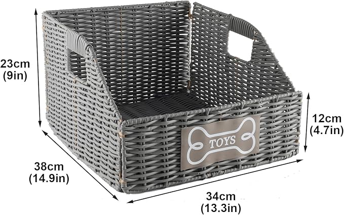 Geyecete Wicker Dog Toy Basket, Collapsible Plastic Vine Storage Bin with Handles, Grey, 840 Count, Pet Organization, Living Room, Bedroom, Bathroom, Nursery Room