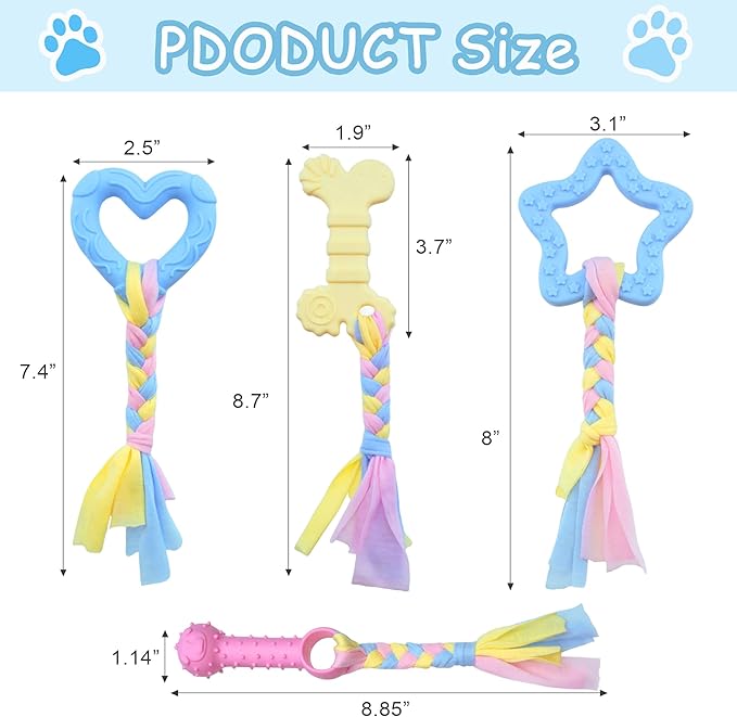 Puppy Teething Toy Set, 4 PCS Soft Rubber Dog Chew Toys with Cotton Ropes Puppy Chew Toys for Oral Teeth Soothe Itching (3 Colors)