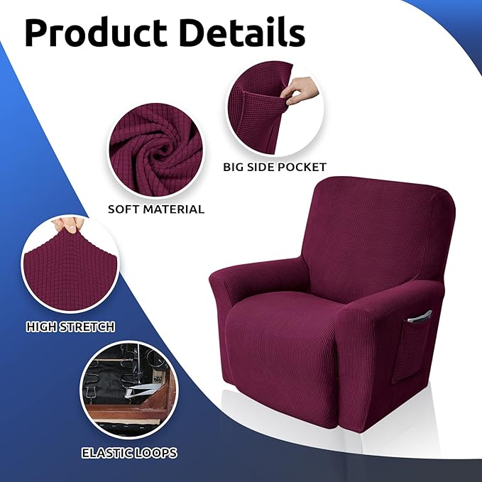 KEKUOU Recliner Chair Covers Lazy Boy Recliner Covers Stretch Couch Cover Slipcovers 1 Piece Furniture Protector with Elastic Bottom for Dog,Kids.(Recliner, Wine)