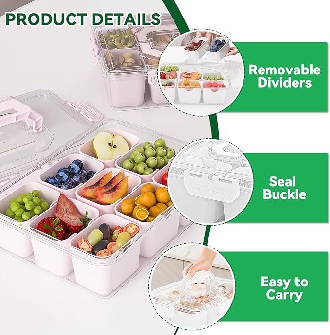 REBECAT Divided Serving Tray with Lid and Handles 9 Compartments Snack Box Container Charcuterie Organizer Snackle Box Container for Candy,Nuts，Fruits,Snacks,3 Pack,Pink
