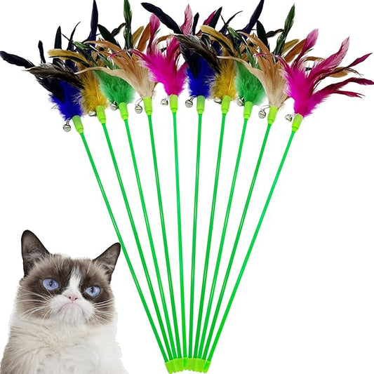 Interactive Cat Wand Feather Toys, 10 Pieces Feathers Stick Cat Toys for Indoor Cats Play