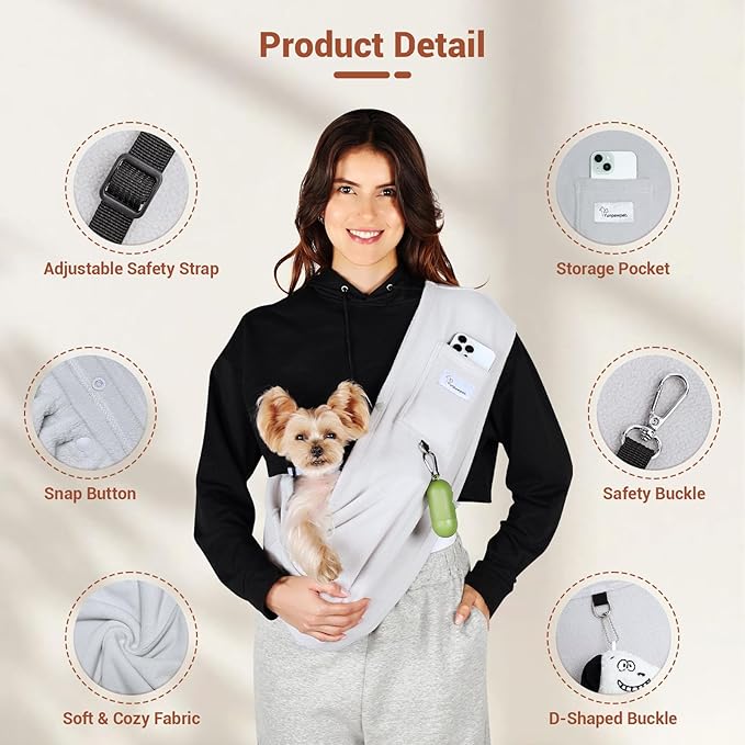 Hands-Free Cat Sling Carrier, Ultra-Soft Polar Fleece Pet Sling for Small Dogs & Cats 3-14 lbs, Machine Washable for Indoor Snuggling & Outdoor Use (Large, Grey)