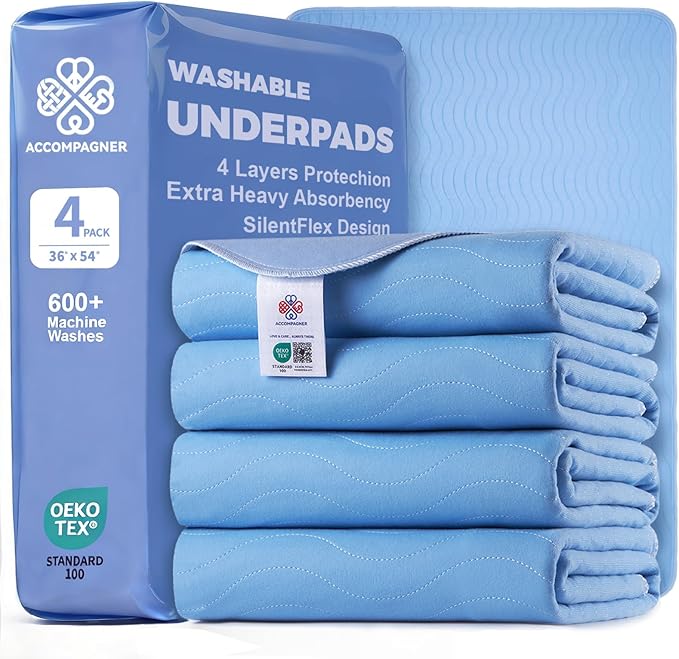 Accompagner Waterproof Reusable for Adults and Pets Washable Pee Pads for Dogs Changing Pad Large Dog Bed Size Adults Incontinence Bed Pads - Non-Slip Leak-Proof (Blue, 36"x54"(Pack of 4))