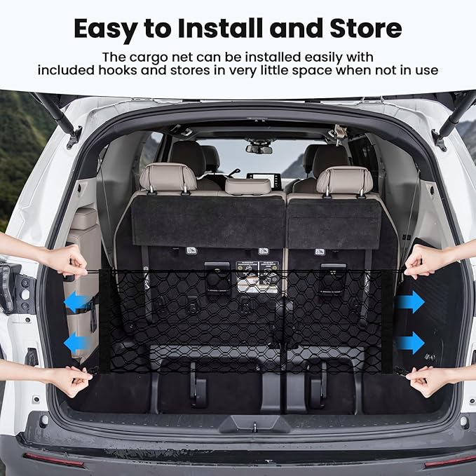 Trunk Cargo Net for Toyota Sienna 2021-2025 2026 Accessories Envelope Style Mesh Trunk Net Organizer and Storage Stretchable Adjustable Elastic Nylon Rear Cargo Netting with Hooks