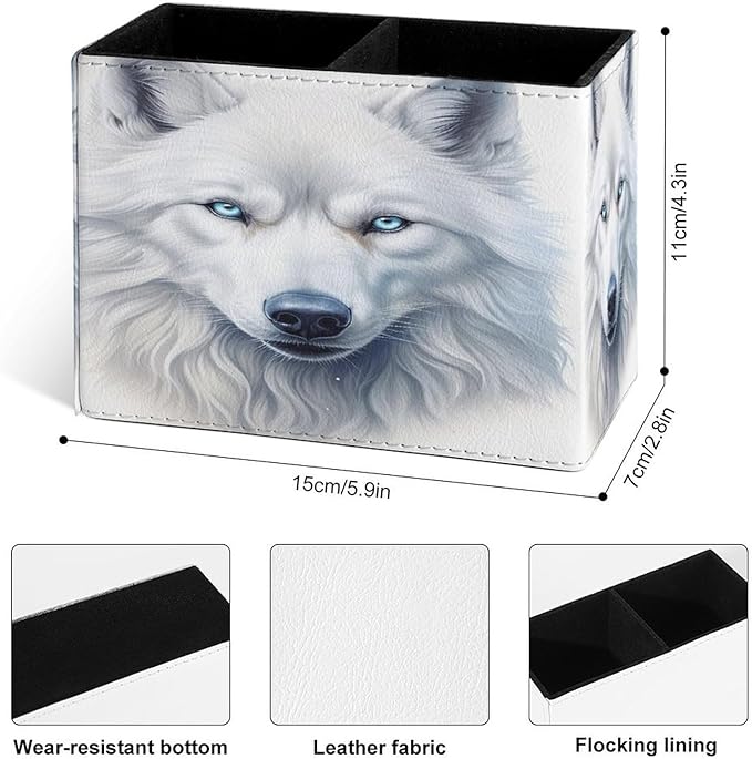 Famame White Wolf Fox Head Pencil Holder for Desk, Leather Desktop Container Pen Cup Storage Study Table Pen Organizer Makeup Brush Holder for Classroom Office Home