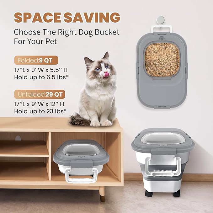 DDMOMMY 15-23 Lbs Airtight Dog Food Storage Container,Collapsible Dog Food Container with Lid,Wheels,Handle,Large Cat food storage Container with Scoop,Small Food Container for Dog Cat