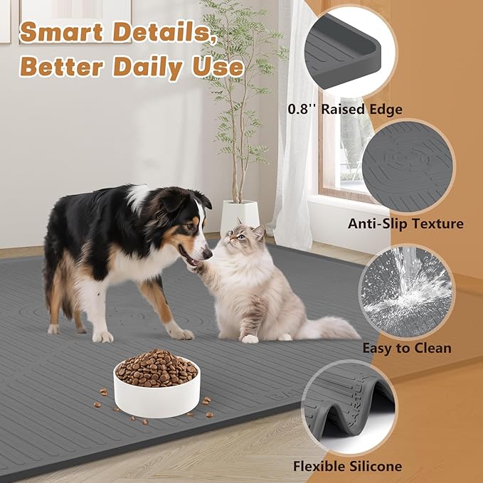 Lorvain Dog Food Mat, 45" x 30" Silicone Pet Feeding Mat with Raised Edges, Extra Large Pet Placemat for Dog Cat Food and Water Bowl Non-Slip, Easy to Clean, Waterproof & Floor Protection, Dark Grey