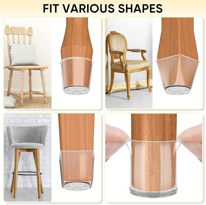 BALEINE 24 Pack Silicone Chair Leg Floor Protectors, Stool Leg Protectors Cap, Non-Slip Chair Leg Caps for Hardwood Floors (Clear Combo 24 Pack)