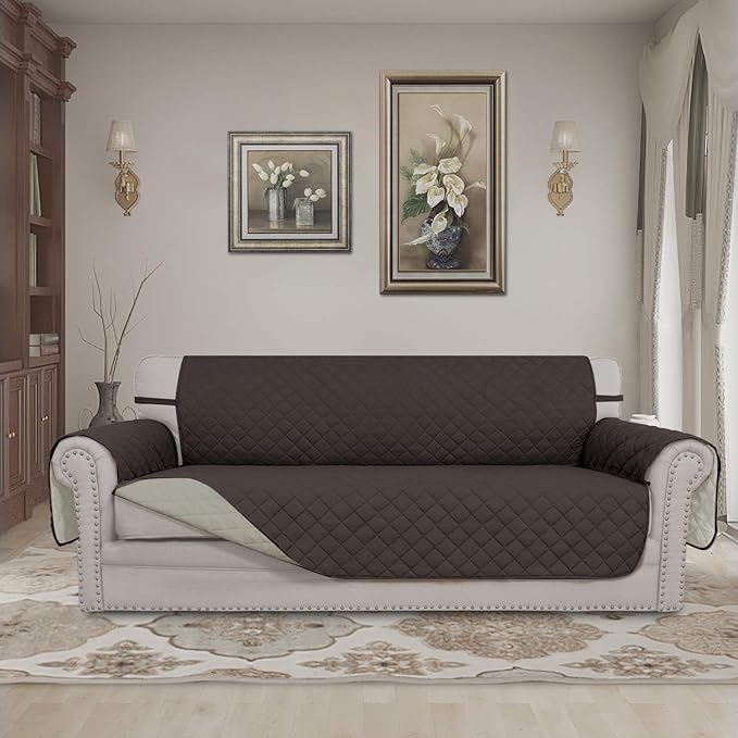 Easy-Going 4 Seater Sofa Slipcover Reversible Sofa Cover Water Resistant Couch Cover with Foam Sticks Elastic Straps Furniture Protector for Pets Children Dog Cat (XX-Large, Chocolate/Beige)
