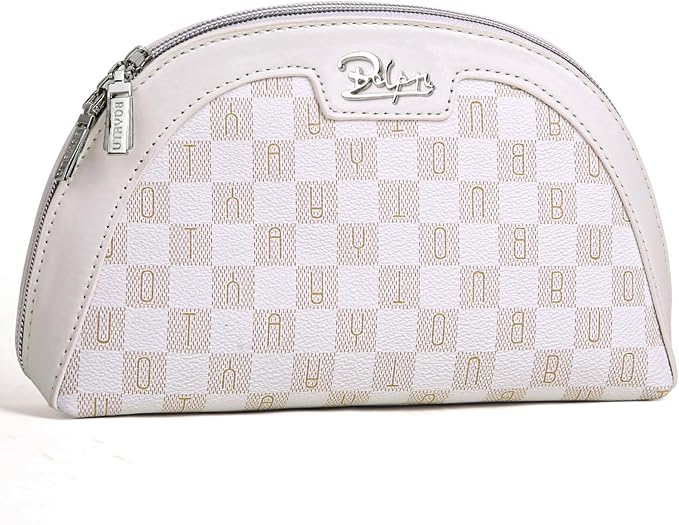 BOYATU Small Travel Makeup Bag for Women: Elegant Vegan Leather Cosmetic Pouch for Purse - Waterproof Toiletry Bag with Mirror(024-White)