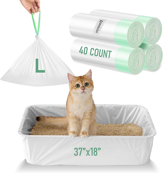 Cat Litter Box Liners Large - 40 Count 37" x 18" Jumbo Litter Bags with Drawstring, Extra Thick Kitty Litter Pan Liners Tear Resistant Heavy Duty, Easy Clean up for Litter Tray, Unscented