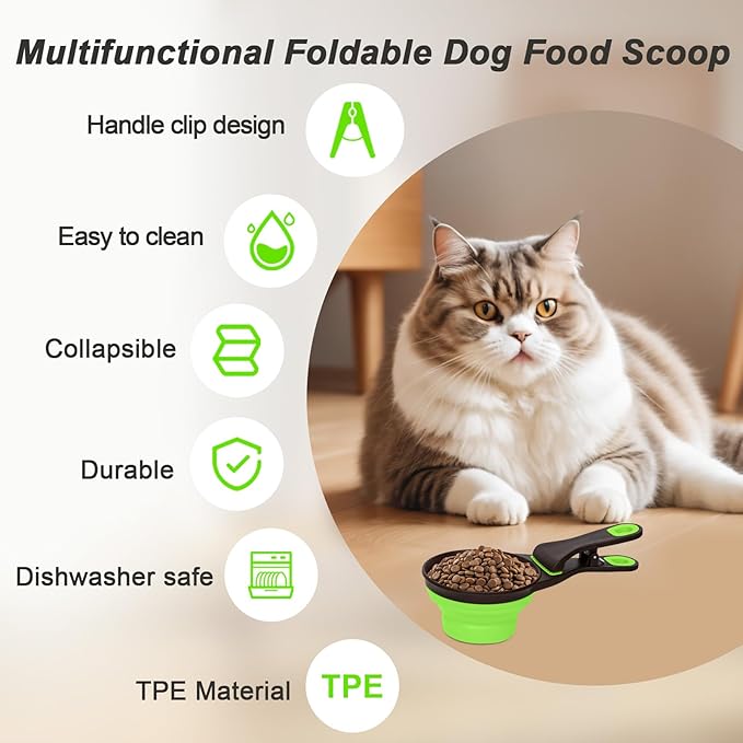 PNEUICALLY Collapsible Silicone Dog Food Scoop Foldable Pet Food Measuring Cup with Bag Clip 3 in 1 Multi-Function Silicone Dog Food Scooper (Green, Medium)