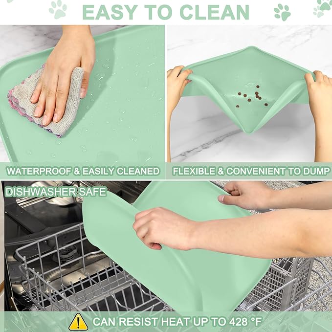 Silicone Pet Food Mat with Raised Edge for Food and Water Bowl, Dog Feeding Mats, Cat Food Trays for Floor Waterproof, Rubber Tray for Dogs and Cats, 19 x 12 x 0.7 Mint Green