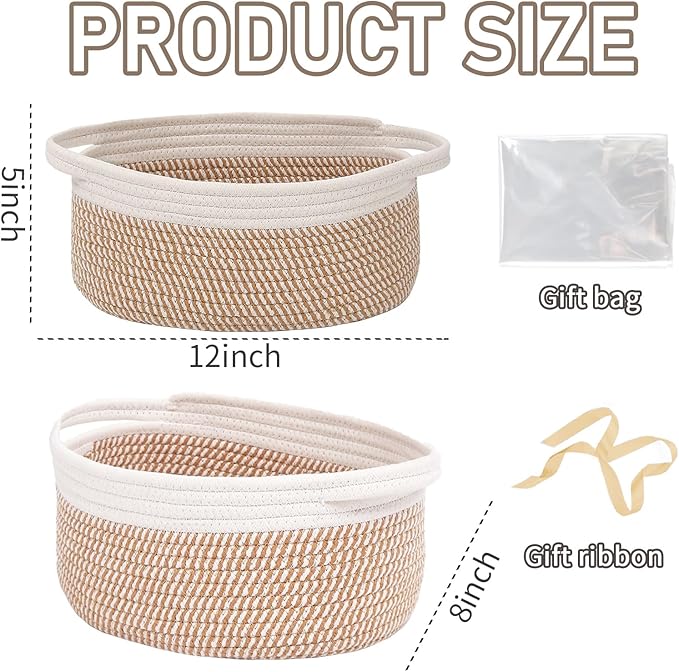 JMvicyroam Woven Basket,Small Rope Storage Bin with Handles & Ribbon Bag, Organizer for Shelves Closets,Gift Basket Empty for Birthday,Books,Dog Toys, White&Brown Block/3 Pack