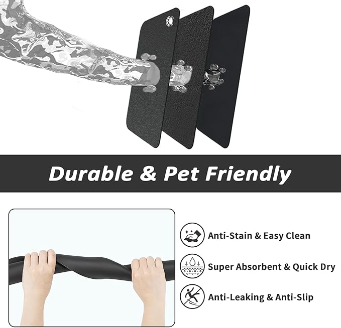 Dog Food Mat - Absorbent Cat Mat for Food and Water, No Stains Pet Feeding Bowl Mat, Easy to Clean Pet Placemats, Quick Dry Dog Water Dispenser Mat for Messy Drinkers | Paw Black 12"x 19"