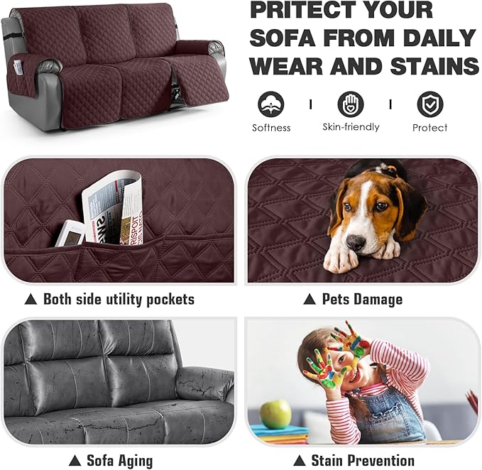 TAOCOCO 100% Waterproof Recliner Couch Covers, Recliner Sofa Covers with Leg Straps, 1-Piece Washable Reclining Sofa Cover with Pocket Couch Protector for Pets Kids(3 Seater, Coffee)