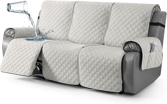 TAOCOCO 100% Waterproof Recliner Couch Covers, Recliner Sofa Covers with Leg Straps, 1-Piece Washable Reclining Sofa Cover with Pocket Couch Protector for Pets Kids(3 Seater, Off White)