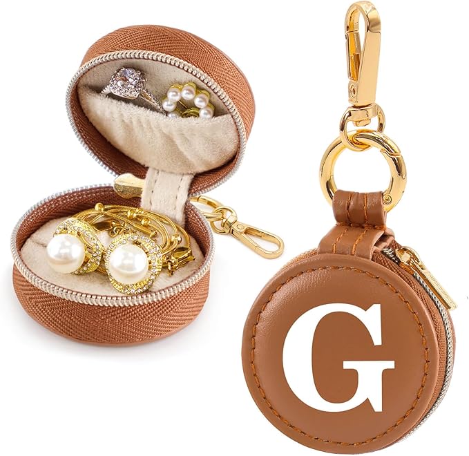 Mini Initial Travel Jewelry Case Ring Holder, Brown Faux Leather Small Jewelry Organizer Box Gifts for Women Girls Nurse Teacher, Gym Travel Accessories Keychain Pouch for Earrings Rings Necklace G