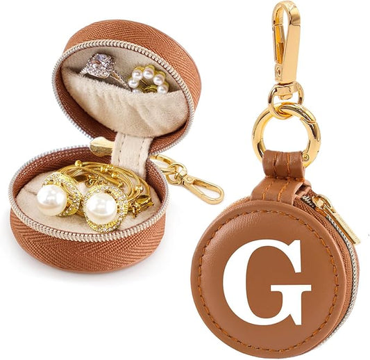 Mini Initial Travel Jewelry Case Ring Holder, Brown Faux Leather Small Jewelry Organizer Box Gifts for Women Girls Nurse Teacher, Gym Travel Accessories Keychain Pouch for Earrings Rings Necklace G