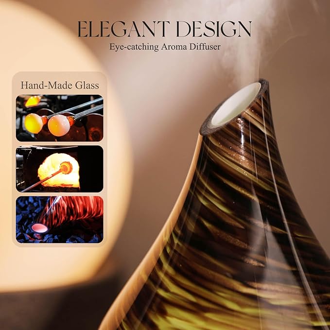 Porseme 150ml Essential Oil Diffuser Glass Color Changing Aroma Air Diffusers Aromatherapy Ultrasonic Cool Mist Humidifier 6 Running Hours Waterless Auto-Off for Sleeping Yoga Office Spa (Dark Golden)