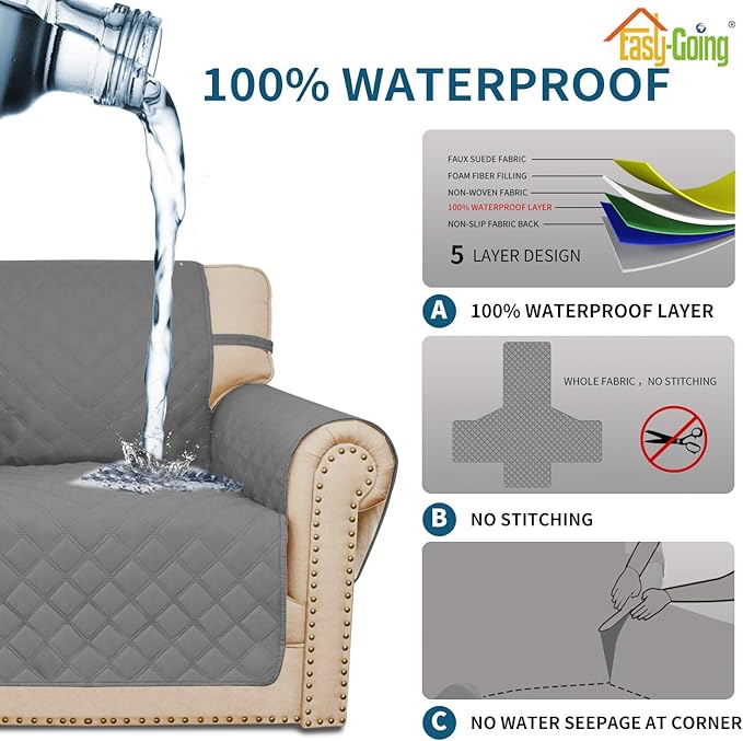 Easy-Going Sofa Slipcover Loveseat Cover Waterproof Couch Cover Washable Sofa Cover for 2 Cushion Couch Non-Slip Fabric Furniture Protector with Pocket for Pets Kids Dog Cat (Loveseat, Grey, Medium)