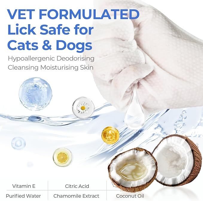 Pet Cleaning Glove Wipes for Dogs & Cats, Hypoallergenic Deodorizing Disposable Bathing Wipes,No-Rinse Grooming Wipes,Perfect for Pet Dry Cleaning,Daily Care and Travel, Coconut Scent, 24 pcs