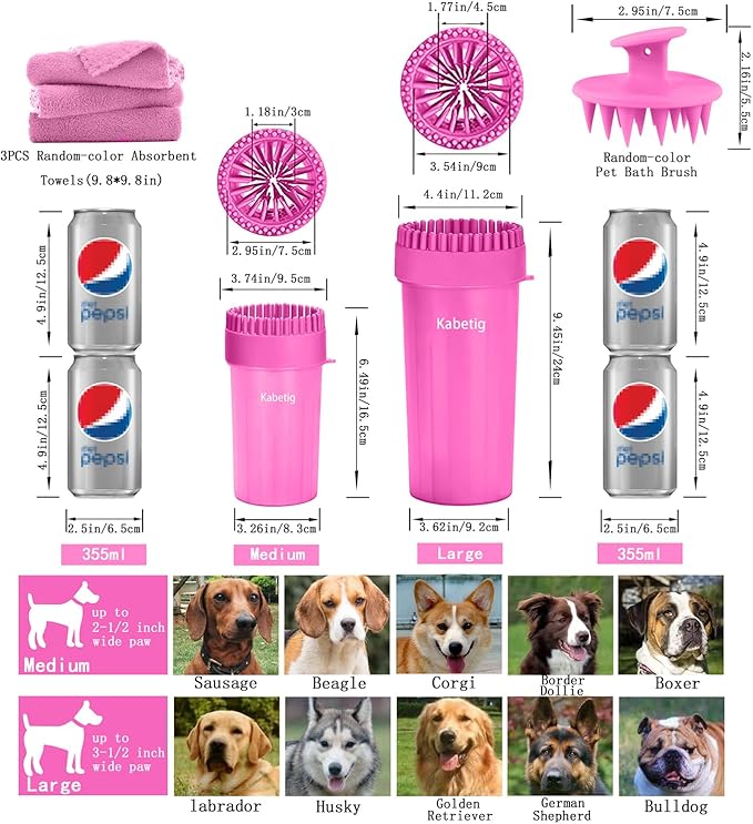 Kabetig Quick Clean Dog Paw Cleaner 5-in-1 Kit, Pink (Medium) - No Full Bath Needed, Post-Walk Paw Clean - with Silicone Bath Brush, 3 Microfiber Towels - Fits Corgi 1.2-2.5 In (3.05-6.35 cm)