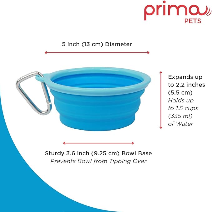Prima Pet Expandable/ Collapsible Silicone Food & Water Travel Bowl with Clip for Small & Medium Dog and Cat, Size: 1.5 Cups (5.1 Inch Diameter Bowl) (AQUA)