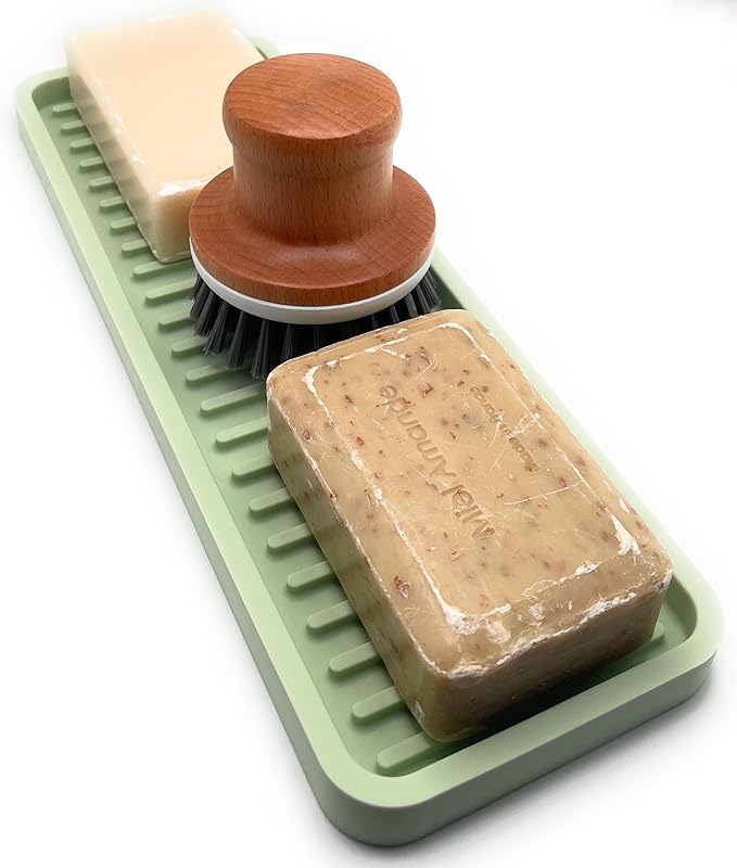 Happitasa Silicone Kitchen Sink Organizer Tray, Sponge Holder and Countertop Protector | Bathroom and Kitchen Soap Dish and Dispenser Tray (Pistachio, 12"x4")