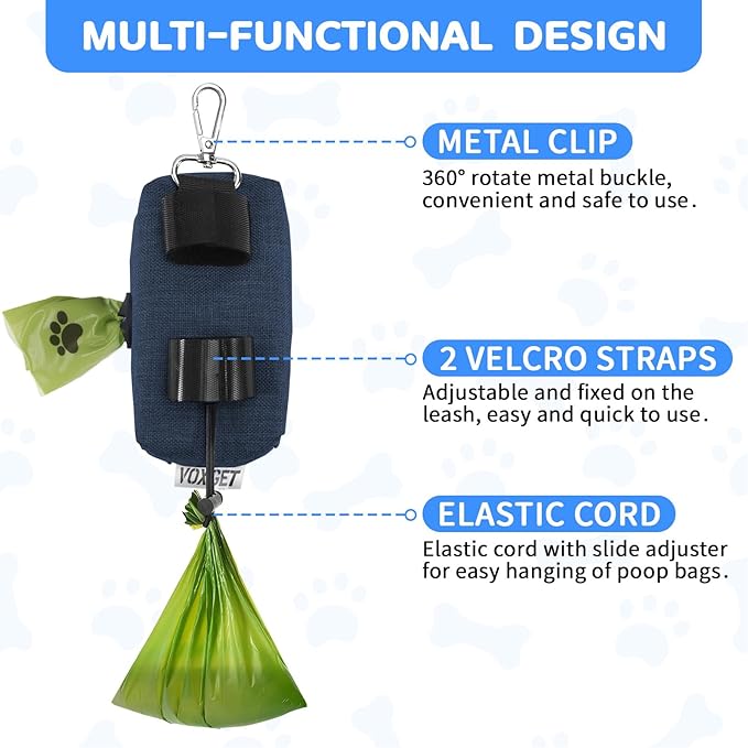 Poop Bag Holder for Leashes, Dog Treat Pouch Carrier with 2 Zipper Pockets and Clip for Puppy Training, Dog Waste Bag Dispenser with 1 Roll Poop Bags for Walking Accessories (Navy Blue)
