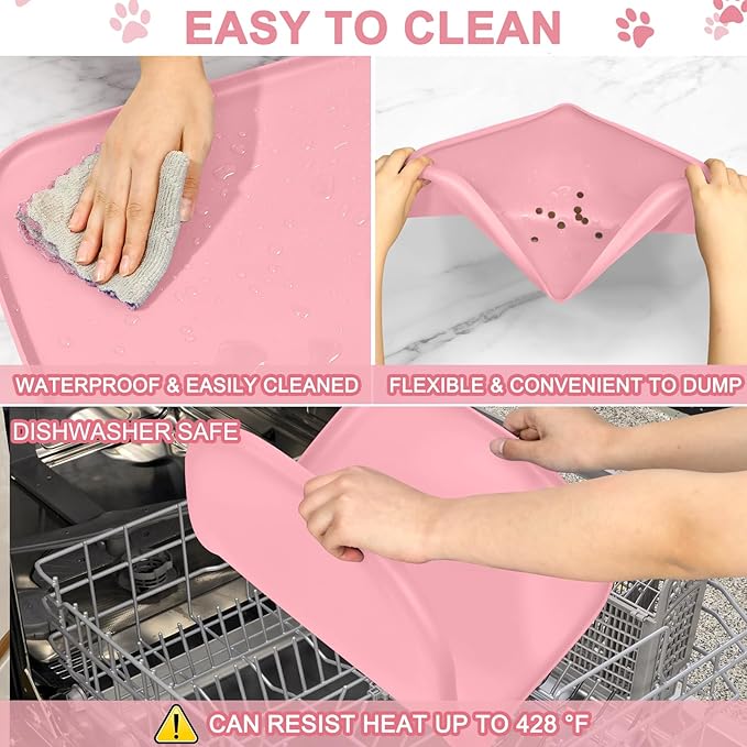 Silicone Pet Food Mat with Raised Edge for Food and Water Bowl, Dog Feeding Mats, Cat Food Trays for Floor Waterproof, Rubber Tray for Dogs and Cats, 19 x 12 x 0.7 Sakura Pink