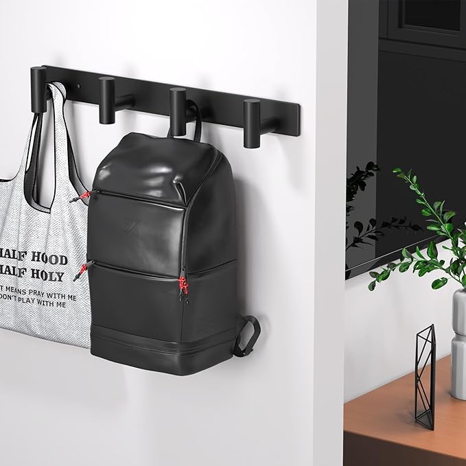 VINHOLD Wall Mounted Coat Rack-4 Hooks, Heavy Duty Stainless Steel Wall Hooks for Towel Coat Bag, Hat Rack Coat Hanger Coat Hooks Towel Racks for Bathroom Entryway Kitchen Hotel Office (Black, 1 Pack)