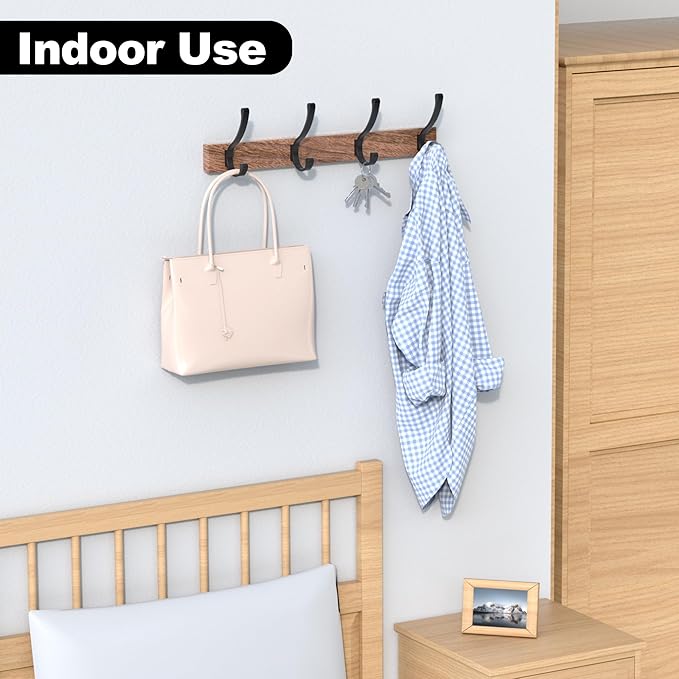 IURRDOP 17 Inch Black Walnut Wood Wall Mounted Coat Rack with 4 Black Double Hooks, Adhesive Mounted Entryway Hooks, Modern Natural Wooden Pegs for Hanging Coat Clothes Hat Bag Purse Key and Towel