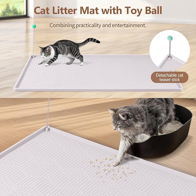 Bartuke Large Cat Litter Mat with Toy Ball, 34'' x 22'' Silicone Cat Litter Trapping Mat for Scatter Control, Soft on Kitty Paws, Easy to Clean (White)